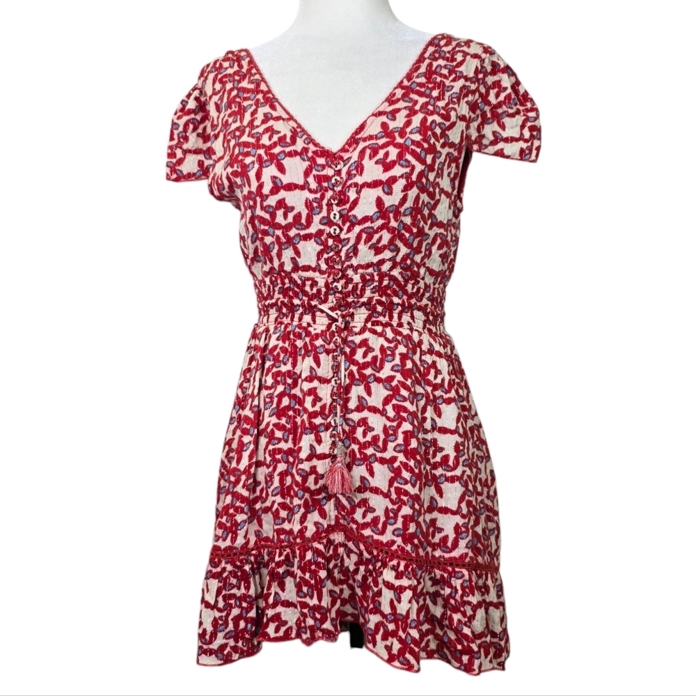 Goa  Boho Open back Cinch waist  with tassles v neck metallic fibre accent Dress